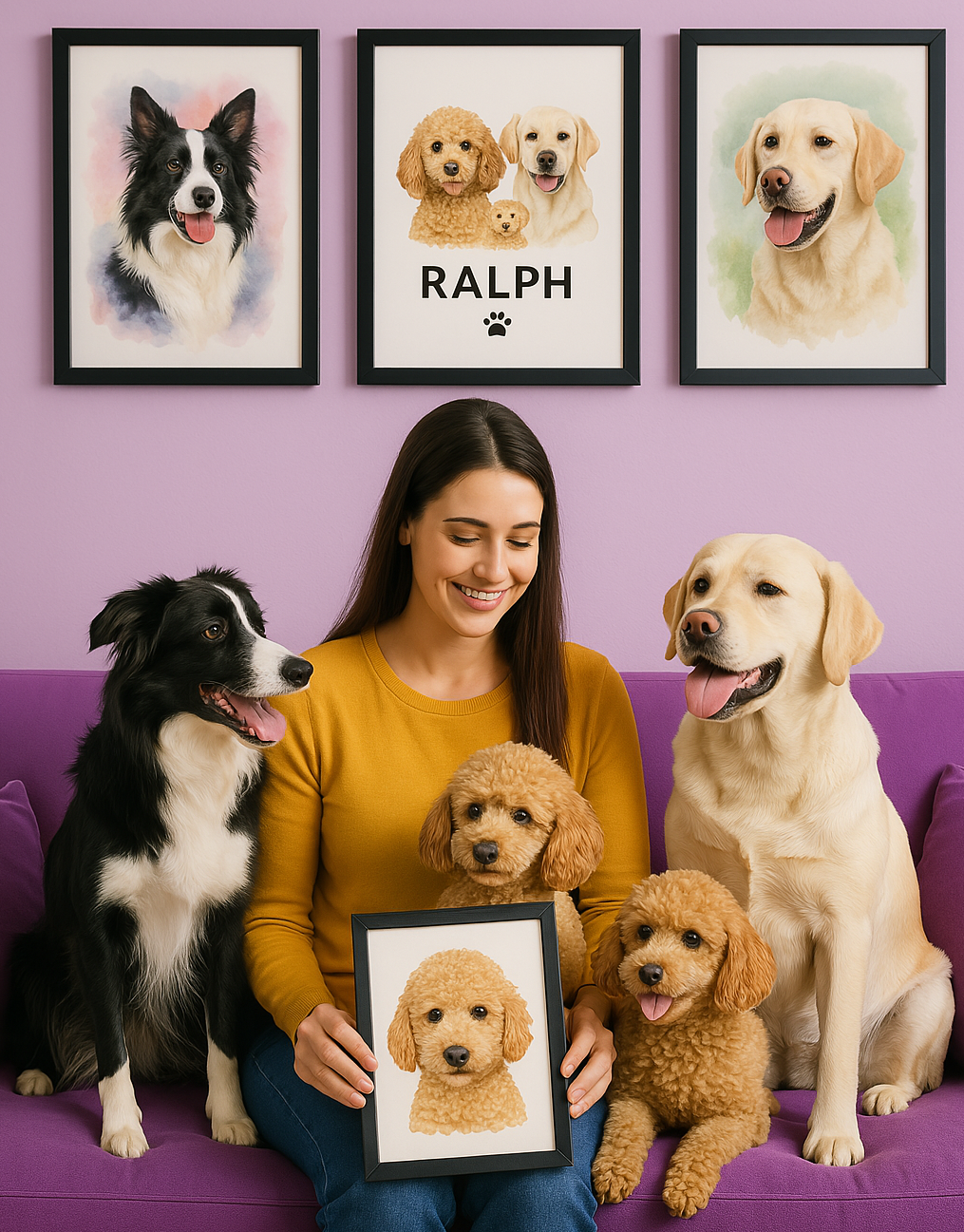 Beautiful custom pet portraits with woman and three dogs